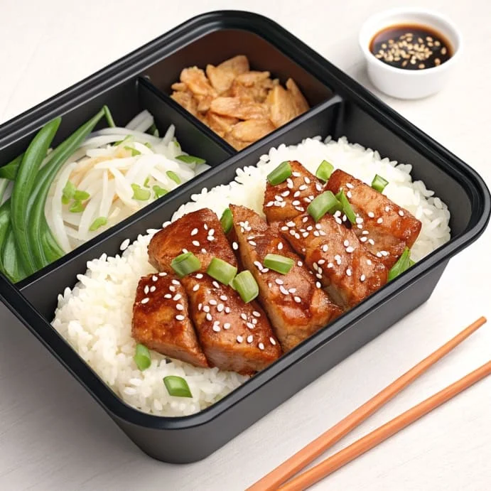 Un plat de poulet teriyaki à emporter